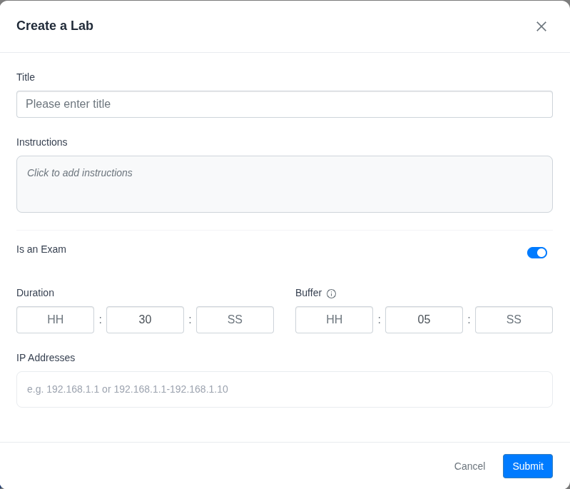Create Lab modal with exam mode enabled