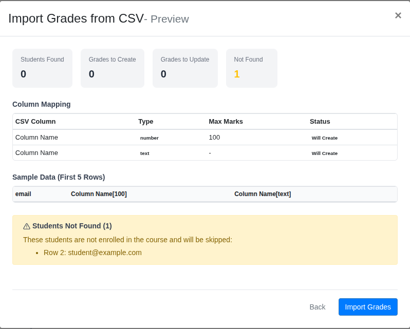 CSV import preview showing matched and unmatched students